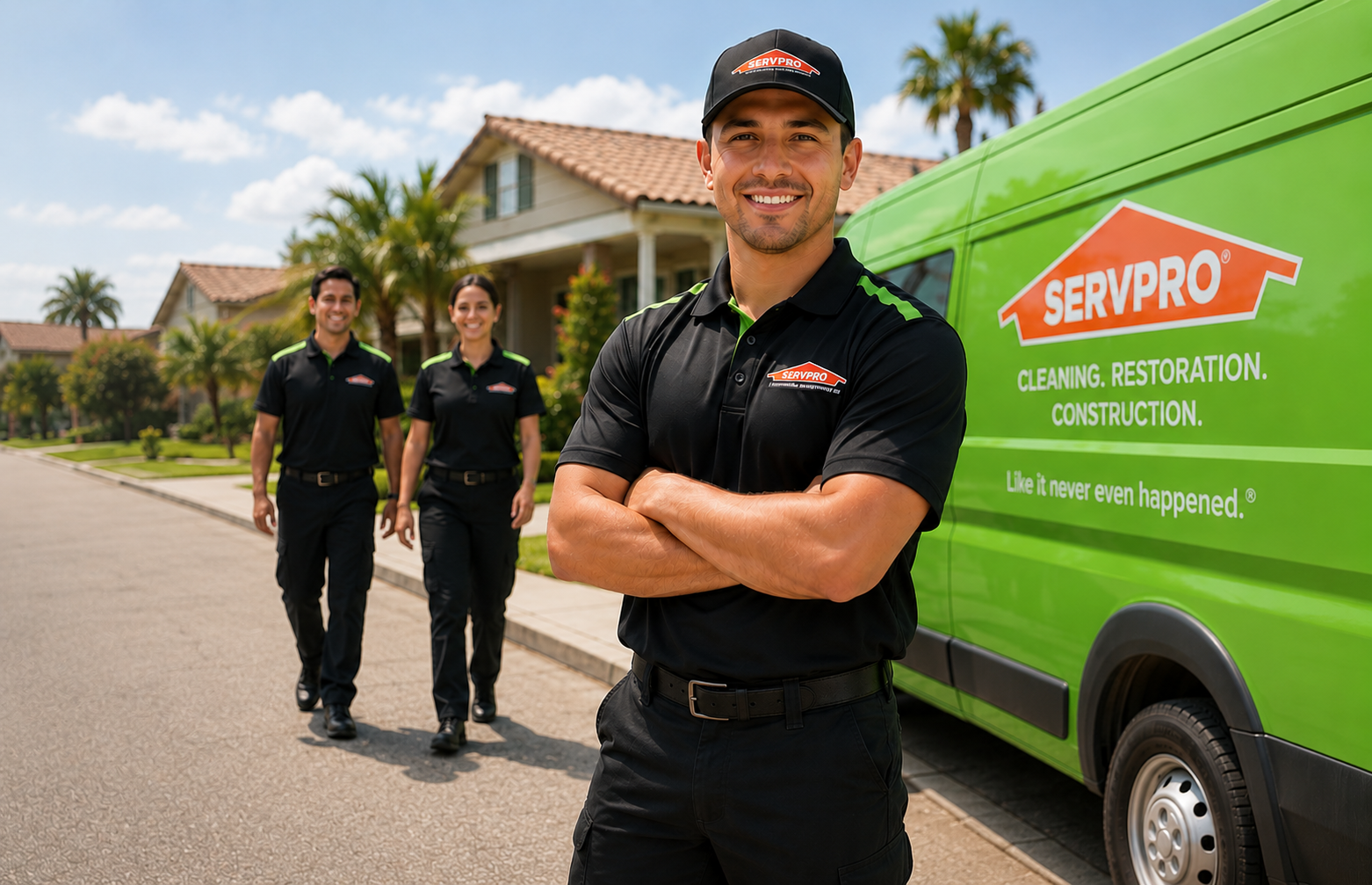 Restoration technicians standing in front of a work van outside a suburban home